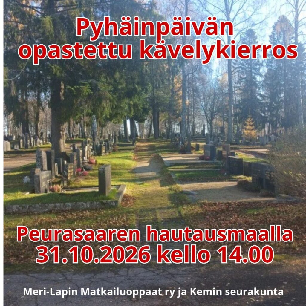 Kuvassa näkymä syksyiselle Peurasaaren hautausmaalle ja otsikkoteksti "Pyhäinpäivän opastettu kävelykierros 31.10.2026 "Peurasaaren hautausmaalla